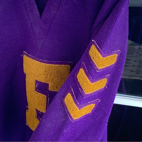 Vintage 50s 60s Varsity Lettermans Sweater Sand Knit Tag Size 42 V Neck Letter F - Picture 4 of 4